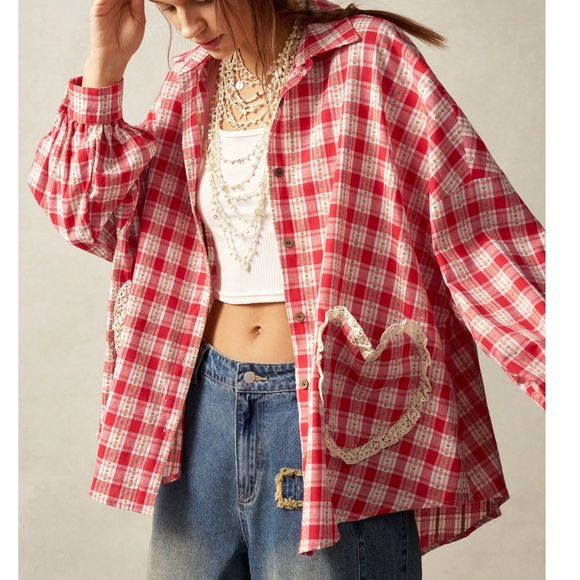 Boho Plaid Floral Print Eyelet Heart Pockets Button Down Shirt - Picture 5 of 6